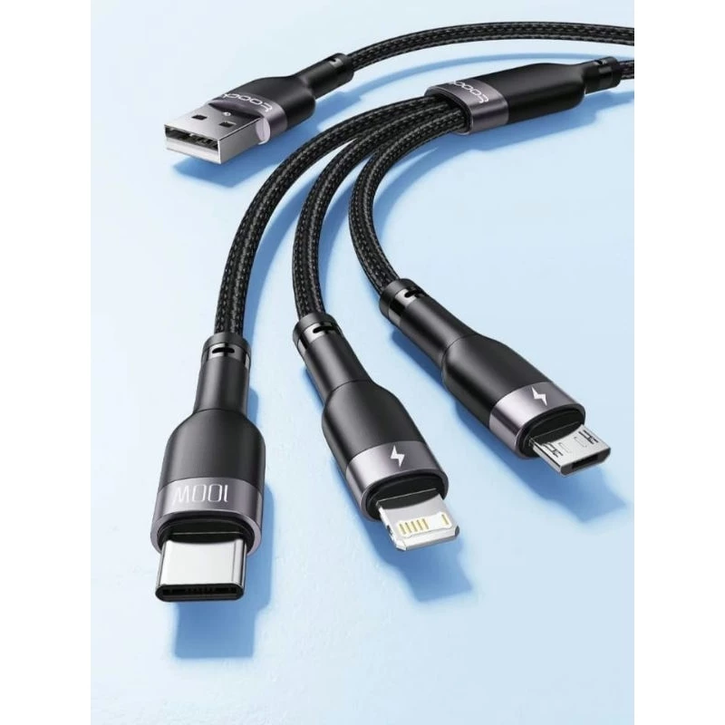 Cabo 3 em 1 Toocki USB – Tipo-C + Lightning + Micro USB | Carregamento Rápido e Versatilidade