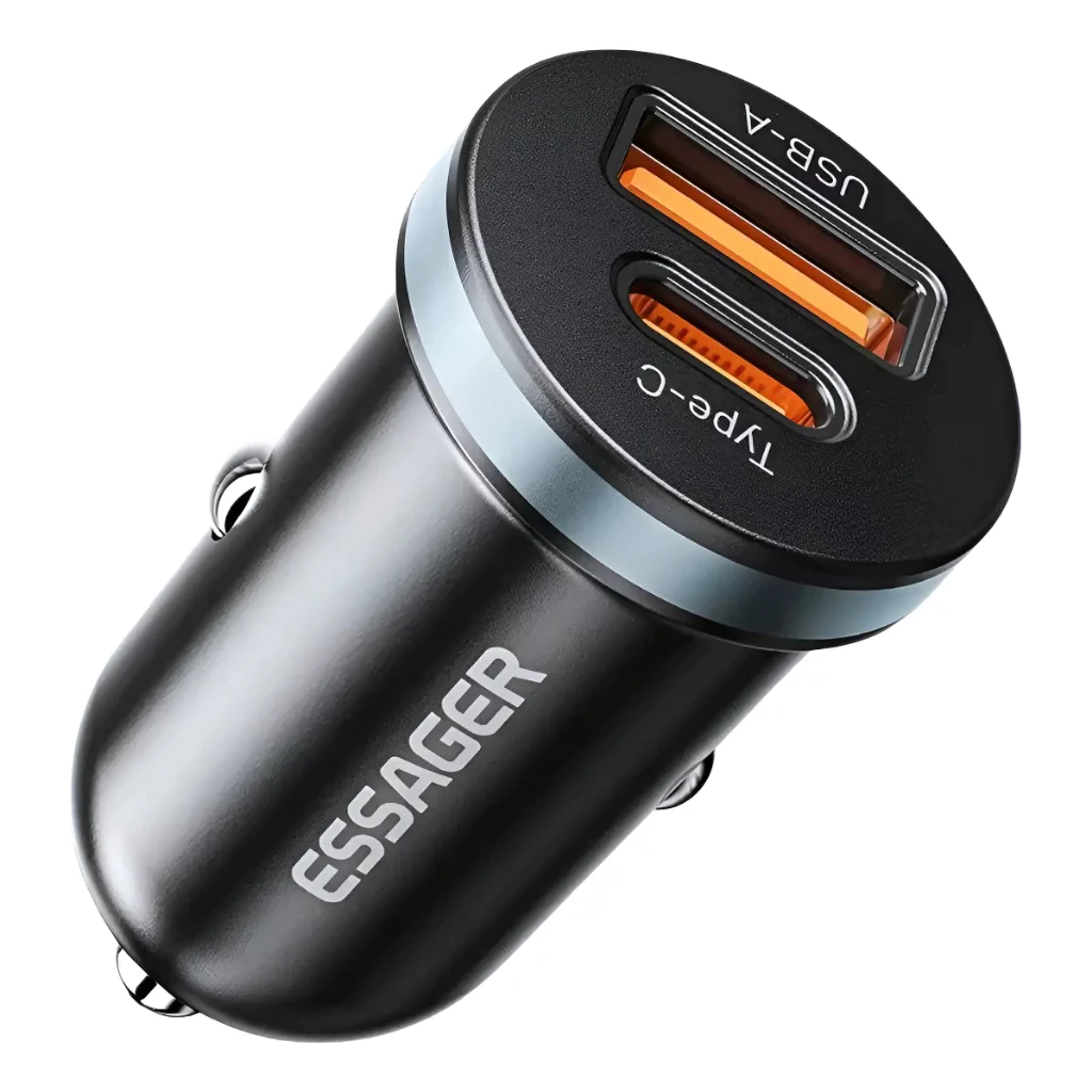Carregador Veicular Essager 30W com Carga Rápida Conexão USB-A e Tipo C
